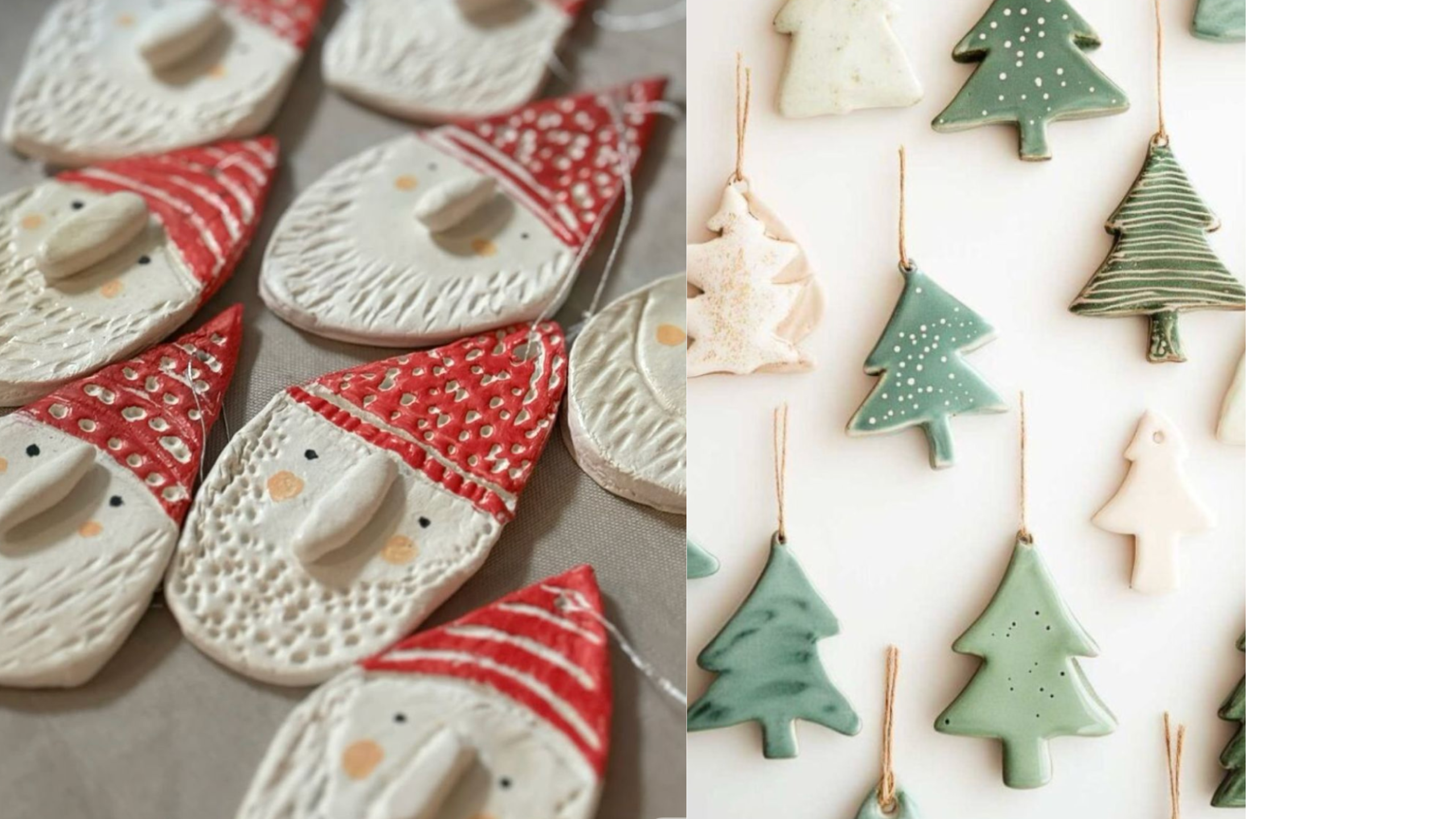 Handcrafted salt dough ornaments shaped as festive gnomes and Christmas trees in soft colours.